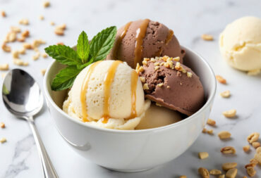 ice cream shop in Verona WI featuring creamy scoops topped with caramel drizzle and nuts