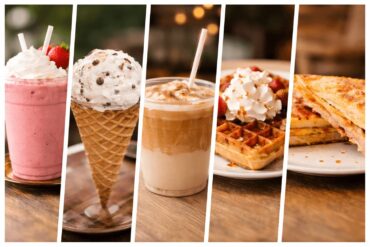 comforting café favorites in Wisconsin featuring coffee, smoothie, ice cream, and grilled sandwich