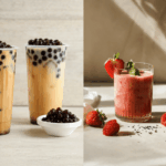 Boba tea vs smoothies side by side showing two brown sugar milk teas with tapioca pearls next to a fresh strawberry smoothie in a glass