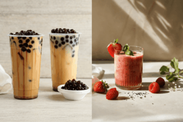 Boba tea vs smoothies side by side showing two brown sugar milk teas with tapioca pearls next to a fresh strawberry smoothie in a glass