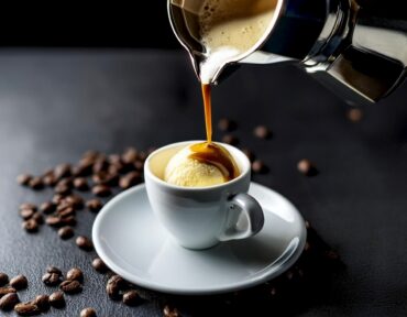 What is an affogato served at a cafe with espresso poured over a scoop of vanilla ice cream in a white ceramic cup